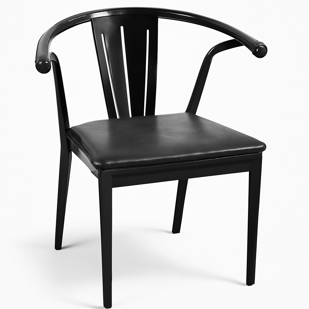 Chaise métallique avec siège en cuir naturel noir